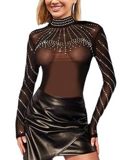 SEBOWEL Sexy Sheer Mesh Body Damen Strass Durchsichtige Bodysuit Langarm Schwarz L von SEBOWEL