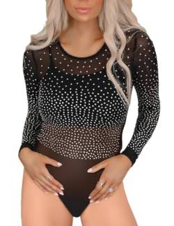 SEBOWEL Strass Bodys Damen Transparentes Mesh Body Durchsichtiges Bodysuit Top Schwarz L von SEBOWEL