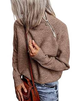 SEBOWEL Strickpullover Damen Langarm Pullover Einfarbig Rollkragenpullover Strickpulli Sweater Tops mit Reissverschluss(Khaki,XL) von SEBOWEL