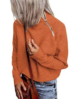 SEBOWEL Strickpullover Damen Langarm Pullover Einfarbig Rollkragenpullover Strickpulli Sweater Tops mit Reissverschluss(Orange,M) von SEBOWEL