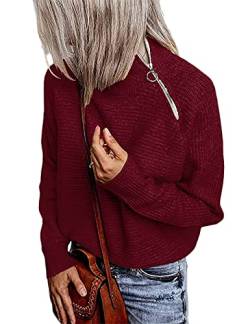 SEBOWEL Strickpullover Damen Langarm Pullover Einfarbig Rollkragenpullover Strickpulli Sweater Tops mit Reissverschluss(Wein,M) von SEBOWEL