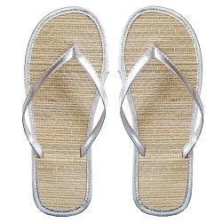 Sommer Flip Flops aus Stroh Damen Herren Bequem Zehentrenner Natürliche Strohpantoffeln Bambus Sandalen, Paare Hausschuhe Flipflops, Fashion Silber 38 von SECXEO