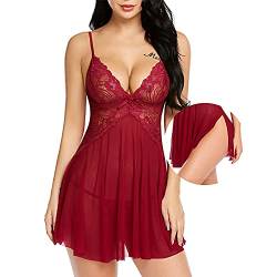 Dessous Damen Sexy Negligee V-Ausschnitt Babydoll Lingerie Nachtwäsche Set Spitze Reizwäsche Lingerie Side-Split Sleepwear Nachthemd Kleid Durchsichtig Chemise Nachthemden Flitterwochen(Rot,XXL) von SEDEX