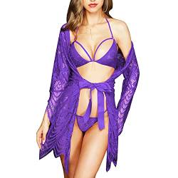 SEDEX 3 Stück Damen Dessous Set Kleid Spitze Negligee BH und Slip Nachtwäsche Transparente Robe Set Cardigan mit Gürtel G-String Bikini Cover up One Piece Lace Erotik Set Reizwäsche(Violett,XXL) von SEDEX