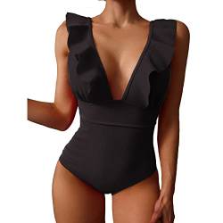 SEDEX Badeanzug Damen Bauchweg Push Up Rüschen V Ausschnitt Schnürung Hinten Bademode mit Cups Einteiler Schwimmanzug Sexy Swimsuit Schlankheits Monokini Strandmode Frauen Beachwear Sommer(Schwarz,L) von SEDEX