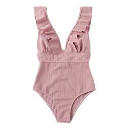 SEDEX Badeanzug Damen Bauchweg Push Up Rüschen V Ausschnitt Schnürung Hinten Bademode mit Cups Einteiler Schwimmanzug Sexy Swimsuit Schlankheits Monokini Strandmode Frauen Beachwear Sommer(Rosa,L) von SEDEX