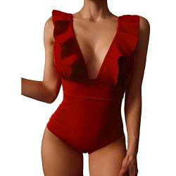 SEDEX Badeanzug Damen Bauchweg Push Up Rüschen V Ausschnitt Schnürung Hinten Bademode mit Cups Einteiler Schwimmanzug Sexy Swimsuit Schlankheits Monokini Strandmode Frauen Beachwear Sommer(Rot,XL) von SEDEX