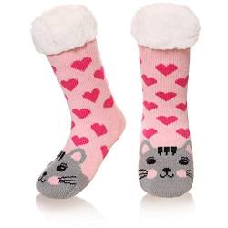 Kinder Jungen Mädchen Weiche Dicke Warme Slipper Socken Winter Fleece Fuzzy Non-Rutsch Kinder Home Socken (Katze, 5-8 Jahre) von SEEYAN