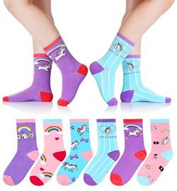 Mädchen Baumwolle Crew Socken Kinder Neuheit Tier Weich Lustig Mode Lässig Atmungsaktiv Kinder Socken 6 Paar, 6 Paar Einhorn a, 110-122 von SEEYAN