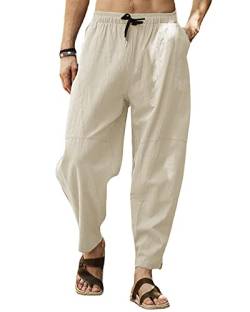 SEGANUP Leinenhose für Herren, leichte Sommerhose, lässig, elastische Hose in der Taille, Strandhose Yoga, beige, XL von SEGANUP