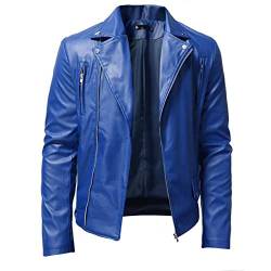 Herren Lederjacke Mode Einfarbig Stehkragen Punk Motorrad Washed PU Leder Langarm Revers Casual Outwear, dunkelblau, XL von SEGH