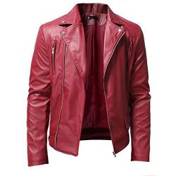 Herren Lederjacke Mode Einfarbig Stehkragen Punk Motorrad Washed PU Leder Langarm Revers Casual Outwear, rot, L von SEGH
