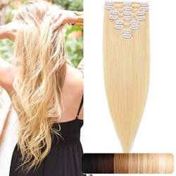 SEGO Clip in Extensions Echthaar 8 Tressen Haarverlängerung Haarteil Remy Human Haar hitzebeständig glatt Hellblond#613 18"(45cm)-80 g von SEGO