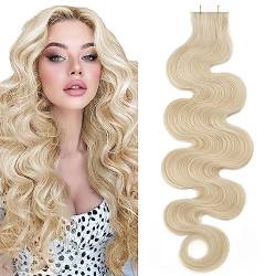 SEGO Echthaar Extensions Tape Klebeband Haarverlängerung Invisible Seamless Skin Weft Menschenhaarverlängerung 50GR/20PCS Platinumblond#60 18"(45cm)-20 PCS-Gewellt von SEGO