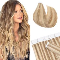 SEGO Echthaar Tape in Extensions Haarverlängerung Invisible Seamless Haarteile Skin Weft Menschenhaarverlängerung Klebestreifen Weissbraun/Hellblond #12p613 30 cm (20 Stück) von SEGO