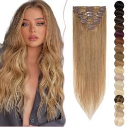 SEGO Extensions Clip in Haarverlängerung Echthaar Haarteile 8 Teiliges SET Haarteil 100% Menschliches Remy Human Haar Weiche Seidige dünn glatt Honigblond#27 10"(25cm)-50g von SEGO