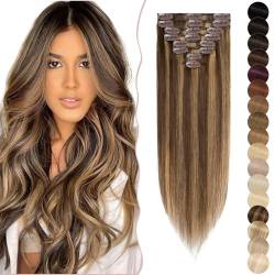 SEGO Extensions Clip in Haarverlängerung Echthaar Haarteile 8 Teiliges SET Haarteil 100% Menschliches Remy Human Haar Weiche Seidige dünn glatt Mittelbraun/Honigblond #4p27 10"(25cm)-50g von SEGO