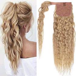 SEGO Ponytail Extension Echthaar Zopf Corn Wavy Clip in Pferdeschwanz Haarteil Haarverlängerung Hair Piece gewellt Honigblond/Hellblond #18p613 22"(55cm)-95g von SEGO