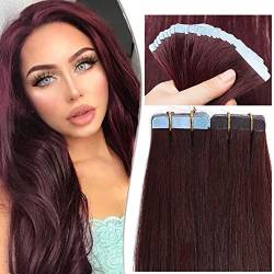 SEGO Tape Extensions Echthaar 20 Stück Klebeband Haarverlängerung Haarteile 100% Remy Human Haar Weinrot#99J 14"(35cm)-20g von SEGO