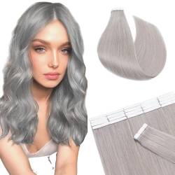 SEGO Tape in Extensions Echthaar Haarverlängerung Klebeband Haarteil 100% Remy Human Haar (20 stück+10pcs free tapes) Grau 14"(35cm) von SEGO