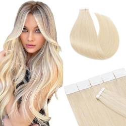 SEGO Tape in Extensions Echthaar Klebeband Adhesive Weft Haarverlängerung Haarteil 100% Remy Human Haar Glatt 20 Tressen Platinumblond#60 40 cm (20 Stück) von SEGO