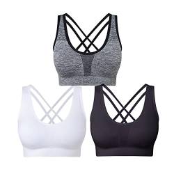 SEGRILA Damen Sport BH Set Ohne Bügel Kreuz Rücken Yoga Bustier Gepolsterter (Schwarz,Weiß,Grau 2XL) von SEGRILA