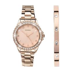 SEKONDA Elizabeth Damen-Armbanduhr, Quarz, 33 mm, Gehäuse mit Steinbesatz, Analog-Anzeige und Edelstahlarmband, Roségold Geschenkset, Armreif von SEKONDA