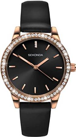 Sekonda Editions Damen-Armbanduhr Analog Quarz mit roségoldenem Gehäuse und schwarzem Armband 40329 von SEKONDA