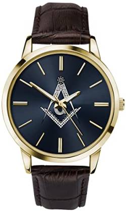 Sekonda Herren-Armbanduhr mit Freimaurer-Motiv, analog, Quarz, goldfarbenes Gehäuse, blaues Zifferblatt, braunes Lederarmband 90095 von SEKONDA