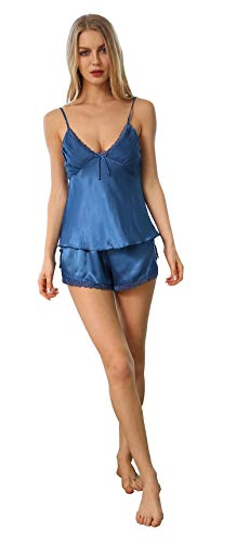 Nachtwäsche Damen Sexy Set Schlafanzüge Satin Kurz Träger Nachthemd Babydoll Pyjama Shorts Negligee Dessous Blau XL von SEMIR