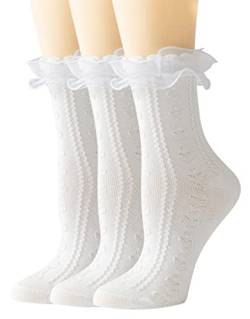 SEMOHOLLI Damen-Rüschensocken für die Wademitte, Spitzen-Rüschen, bequeme Baumwollsocken, Prinzessinnen-Socken, 3 Paare weiß, 37-40.5 EU von SEMOHOLLI