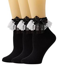 SEMOHOLLI Damen-Socken aus Baumwolle mit Rüschen im Prinzessinnen-Stil für Kleider mit einer Schleife auf der Oberseite - Schwarz - von SEMOHOLLI