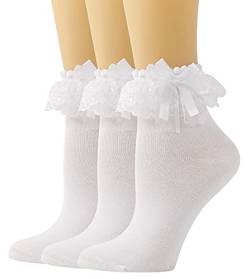 SEMOHOLLI Damen-Socken aus Baumwolle mit Rüschen im Prinzessinnen-Stil für Kleider mit einer Schleife auf der Oberseite - Weiß - von SEMOHOLLI
