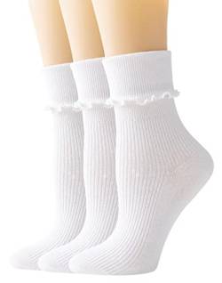 SEMOHOLLI Weiße Rüschensocken für Damen, Knöchelsocken, Rüschen-Drehmanschette, Doppelnadel, einfarbige Mädchen-Socken SM01, 3 Paare weiß, 37-42 EU von SEMOHOLLI