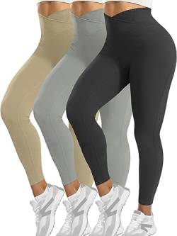 SENBAN Leggings mit hoher Taille für Damen, V-Ausschnitt, butterweich, nicht durchsichtig, für Workout, Laufen, Yoga, 3 Stück, Schwarz Grau Khaki, Groß von SENBAN