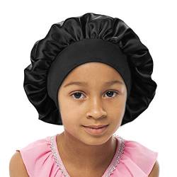 SENGTERM Kinder Satin Schlafmütze Jungen Mädchen Doppelschichten Satin Motorhaube seiden Nachtmütze Elastisches Band Satin Bonnet Night Cap für Haare Haarpflege (2-8 Jahre) (Black, Einheitsgröße) von SENGTERM