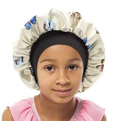 SENGTERM Kinder Satin Schlafmütze Jungen Mädchen Doppelschichten Satin Motorhaube seiden Nachtmütze Elastisches Band Satin Bonnet Night Cap für Haare Haarpflege (2-8 Jahre) (Butterfly, Einheitsgröße) von SENGTERM