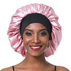 SENGTERM Satin-Nachtmütze, elastisch, mit breitem Band, für Damen, langes Haar, lockiges Haar (L, Pink) von SENGTERM