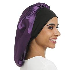 SENGTERM Satin-Nachtmütze, elastisch, mit breitem Band, für Damen, langes Haar, lockiges Haar (L, Purpur) von SENGTERM