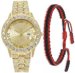 SENRUD Luxus Männer Frauen Hip Hop Full Diamanten Armband Armbanduhr Unisex Kristall Strass Uhr Iced Out Uhr, Gold, Modern, S182 von SENRUD