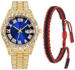 SENRUD Luxus Männer Frauen Hip Hop Full Diamanten Armband Armbanduhr Unisex Kristall Strass Uhr Iced Out Uhr, Goldfarben/Blau, modisch von SENRUD