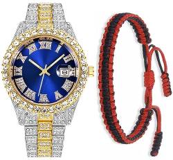 SENRUD Luxus Männer Frauen Hip Hop Full Diamanten Armband Armbanduhr Unisex Kristall Strass Uhr Iced Out Uhr, Zweifarbig / Blau, Modern, S182 von SENRUD