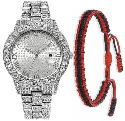 SENRUD Luxus Männer Frauen Hip Hop Full Diamanten Armband Armbanduhr Unisex Kristall Strass Uhr Iced Out Uhr, silber, Modern, S182 von SENRUD