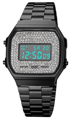 Unisex Digital Uhren Luxus Edelstahl Band Multifunktion Quadrat Elektronische Uhr Mode Kristall Herren Damen Sport Armbanduhr, diamond black von SENRUD
