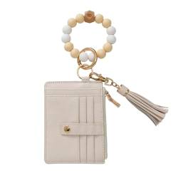 SENYURI Frauen Wristlet Armband Schlüsselanhänger Brieftasche, Tasche Kartenhalter Leder Geldbörse, Silikon Perlen Armreif Quaste Schlüsselanhänger, Beige, 4.9*3.6*0.5 In von SENYURI