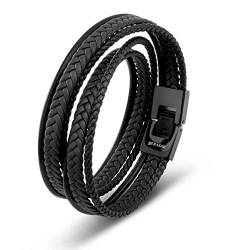 SERASAR 34cm Schwarz Männer-Armband Leder-Armreif Herren-Lederband Herrenarmreif Armschmuck Leder-Schmuck Herrenschmuck Flecht-Armband Leder-Wickelarmband Leder-Kette Armbändchen Men Leather Bracelet von SERASAR