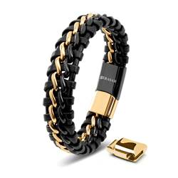 SERASAR Armband Herren 20cm Schwarz Gold Männer-Armband Leder-Armreif Herrenarmreif Armschmuck Leder-Schmuck Herrenschmuck Armkette Flecht-Armband Leder-Wickelarmband Armbändchen Men Leather Bracelet von SERASAR