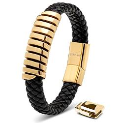 SERASAR Lederarmband Herren 23cm Gold Männer-Armband Leder-Armreif Herren-Lederband Herrenarmreif Armschmuck Leder-Schmuck Herrenschmuck Flecht-Armband Leder-Wickelarmband Leder-Kette Leather Bracelet von SERASAR