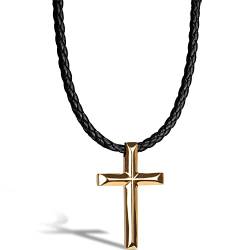 SERASAR Lederkette Herren Leder-Halskette mit Kreuz Anhänger - 60cm Gold - Lederband Kette mit Schmuck-Schachtel für Männer - Echtleder - Geschenk für Männer - Leather Necklace Men Jewelry Band von SERASAR