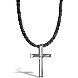 SERASAR Lederkette Herren Leder-Halskette mit Kreuz Anhänger - 60cm Silber - Lederband Kette mit Schmuck-Schachtel für Männer - Echtleder - Geschenk für Männer - Leather Necklace Men Jewelry Band von SERASAR